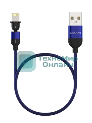 Кабель Maxvi MC-19L blue, USB-A - Lightning, 2.4A, LED ток макс. нагрузки 2.4А, макс. напряжение 5V; стандарт USB 2.0; длина кабеля 1.5м, нейлоновая оплетка, металлические корпуса разъемов,LED подсветка, цвет: синий