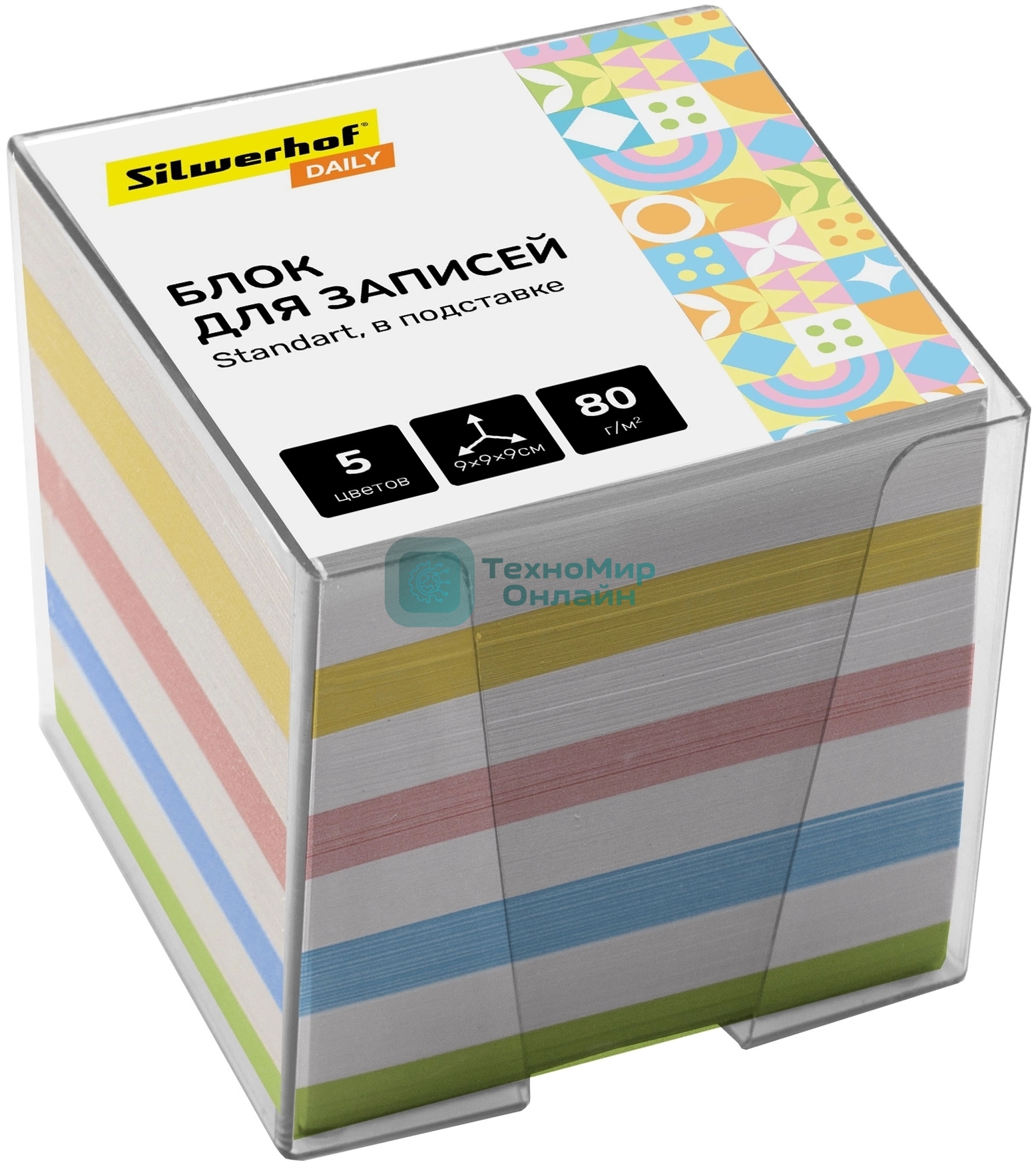 Блок для записей бумажный Silwerhof Daily Стандарт 90x90x90мм, 80 г/м2, ассорти, 5 цветов в упаковке, в подставке