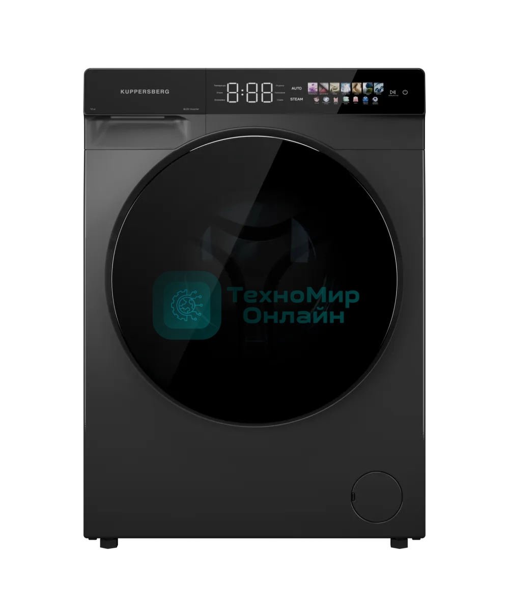 Стиральная машина KUPPERSBERG WM 590 GR, High-Tech, загрузка 12 кг, 16 программ, 1200 об/мин. сенсорное управление, инверторный двигатель, функция пара, отложенный старт, самодиагностика, блокировка от детей, энергоэффективность А+++, серый