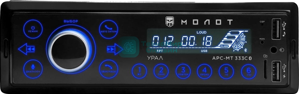 Автомагнитола Ural Молот АРС-МТ 333С, 1 DIN, Bluetooth, USB Type-A, AUX