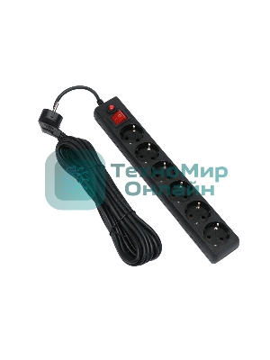 Сетевой фильтр Гарнизон 6 р, 10А, 7 м, ур.защиты 4, черный, пакет