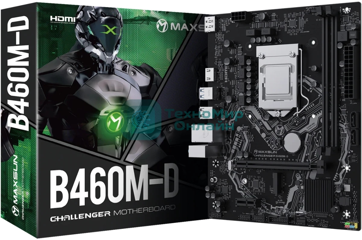 Материнская плата Maxsun Challenger B460M-D, LGA 1200, Intel B460, 2xDDR4, 2xSATA, 1xM.2, 1xPCIe 3.0 x16, 1xPCIe x1, 1xHDMI, 1xDP, 1x1Gb LAN, 2xUSB-A 5Gbps, 4xUSB-A 2.0, 3x3.5 мм, 7.1, mATX