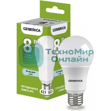Лампа светодиодная A60 груша 8Вт 230В 6500К E27 GENERICA
