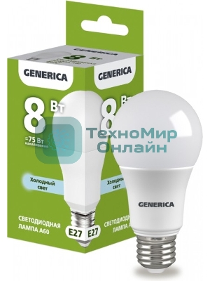 Лампа светодиодная A60 груша 8Вт 230В 6500К E27 GENERICA