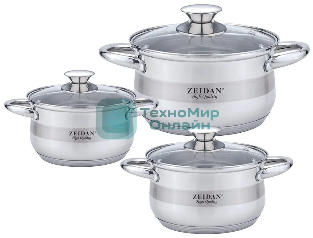 Набор посуды Zeidan Z-50632 6 предм.: кастрюля с/кр 2,0 л (16 см), кастрюля с/кр 3,0 л (18 см), кастрюля с/кр 4,0 л (20 см), нержавеющая сталь, комбинированная полировка снаружи, зеркальная полировка внутри, шкала литража, крышки - стекло, 5-ти СТЕПОВОЕ КАПСУЛИРОВАННОЕ