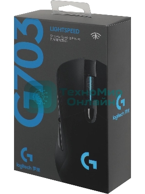 Мышь игровая Logitech G703 Lightspeed черная, сенсор 100-25600dpi (Hero25K), беспроводная 2.4GHz + USB 1,8м, 5 программируемых кнопок + колесо прокрутки, RGB-подсветка, под правую руку