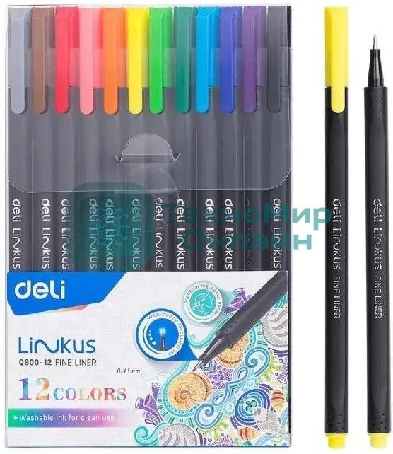 Набор ручек капиллярных Deli Linkus (EQ900-12), d=0.45мм, ассорти чернила, игловидный пишущий наконечник, линия 0.45мм, 12 цветов