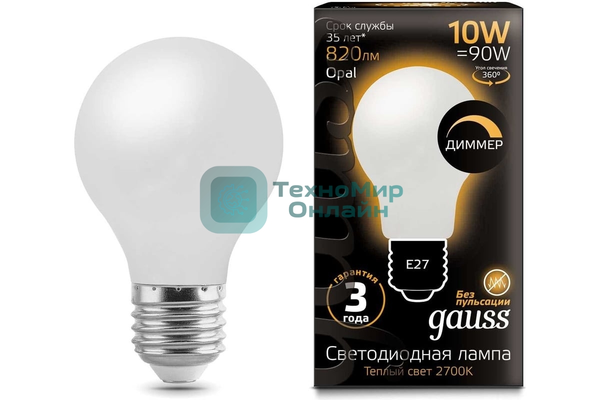 Лампа светодиодная LED GAUSS 102202110-D Filament A60 OPAL dimmable E27 10W 820lm 2700К 1/10/40