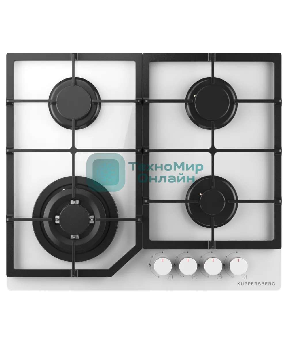 Варочная поверхность Kuppersberg, газ, High-Tech, 60 см, автоматический электроподжиг, газ-контроль, SABAF конфорки, чугунные решетки, WOK конфорка, цвет белое стекло, цвет фурнитуры белый