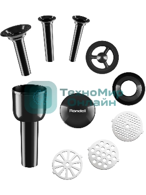 Мясорубка электрическая Rondell 1451-RE-01 серебристый/черный, 2300 Вт, 2.0 кг/мин, реверс, защита от перегрузки, металлический лоток, насадки - 5