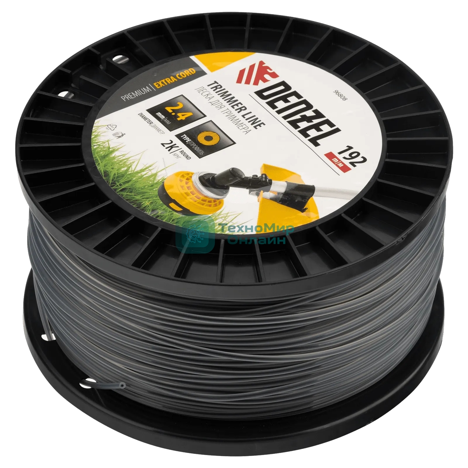 Леска для триммера Denzel двухкомпонентная круглая, 2,4мм х 192м, на DIN катушке EXTRA CORD