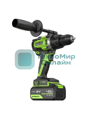 Дрель-шуруповерт аккумуляторная Greenworks GD24DD140 24V, 70/140Нм,Anti-kickback,2х4Ач,ЗУ,кор 3707607CUD
