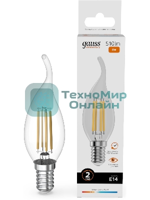 Лампа филам. Gauss Filament 8Вт цок.:E14 свеча св.свеч.бел.теп. (упак.:10шт) (42118)