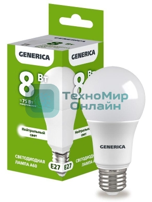 Лампа cветодиодная LED A60 IEK LL-A60-08-230-40-E27-G груша 8Вт 230В 4000К E27 GENERICA