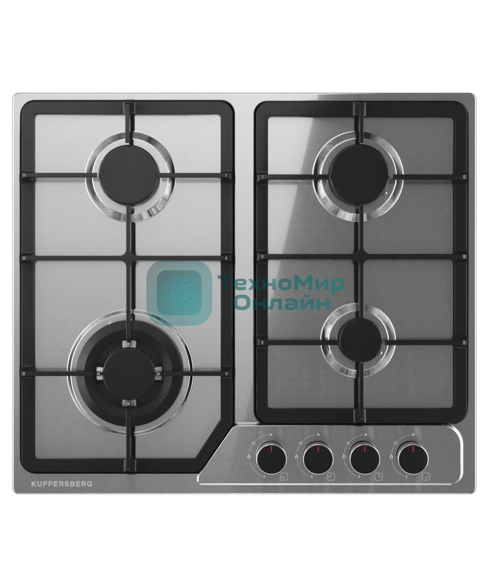 Варочная поверхность Kuppersberg, газ, High-Tech, 60 см, автоматический электроподжиг, газ-контроль, SABAF конфорки, чугунные решетки, WOK конфорка, цвет нержавеющая сталь, цвет фурнитуры черный