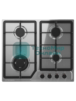 Варочная поверхность Kuppersberg, газ, High-Tech, 60 см, автоматический электроподжиг, газ-контроль, SABAF конфорки, чугунные решетки, WOK конфорка, цвет нержавеющая сталь, цвет фурнитуры черный