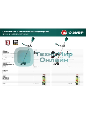 Триммер Зубр 36В бесщеточный, 2х18В АКБ (2А·ч) . ТАБ-365-22