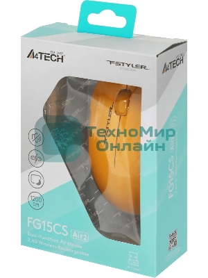 Мышь беспроводная A4Tech Fstyler FG15CS Air2 желтый, 1200 dpi, радиоканал, USB, кнопки - 3