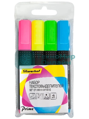 Набор текстовыделителей Silwerhof Prime+, скошенный пишущий наконечник, 1-4мм, 4 цвета, ассорти/голубой пакет с европодвесом (4шт.)