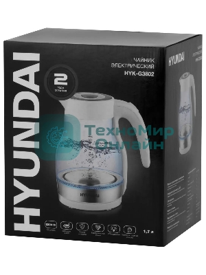 Чайник электрический Hyundai HYK-G3802 1.7 л, 2200 Вт, белый/серебристый (корпус: стекло)