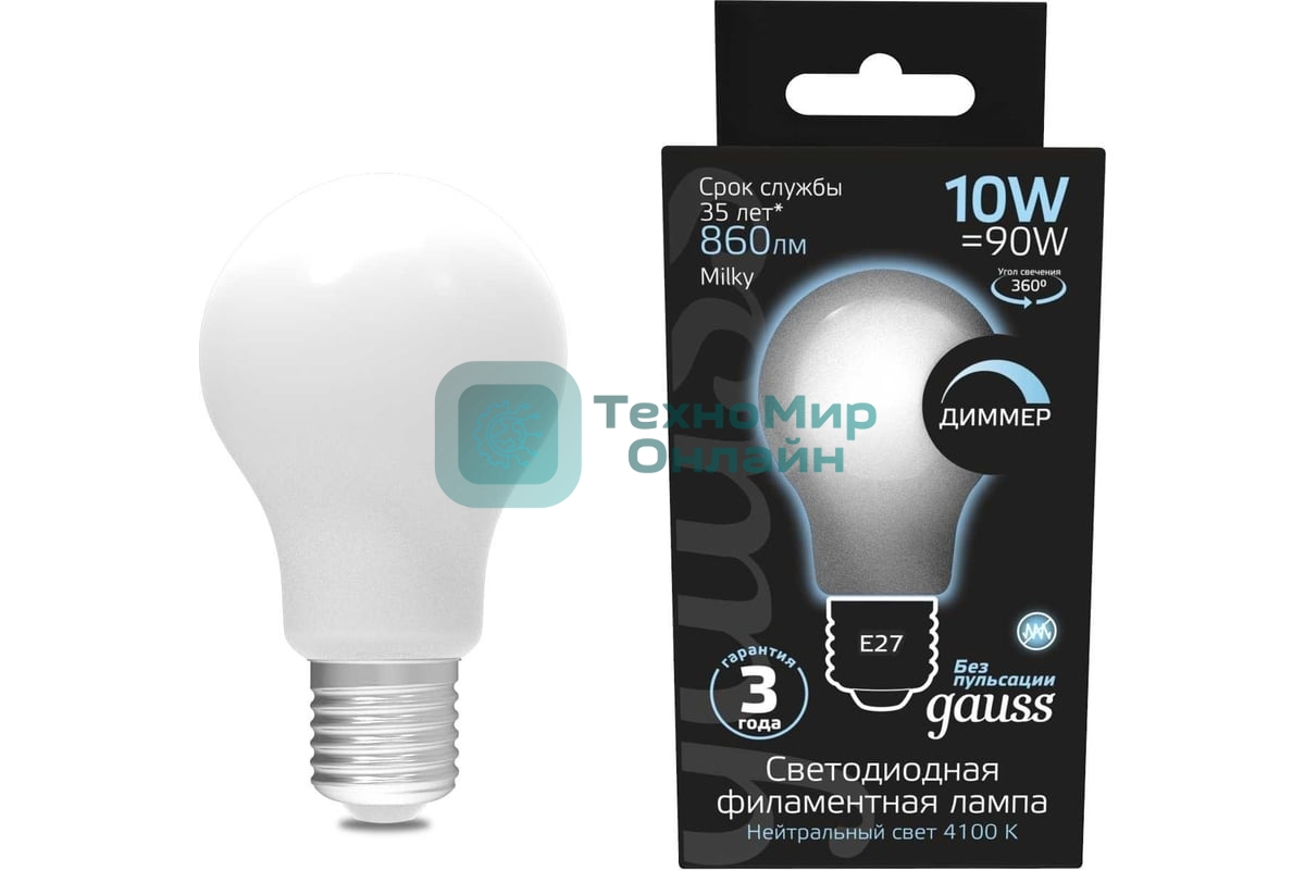 Лампа светодиодная Gauss Filament A60 E27 10Вт 4100К OPAL диммир