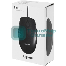 Мышь проводная Logitech B100 черный, 1000 dpi, USB, кнопки - 3