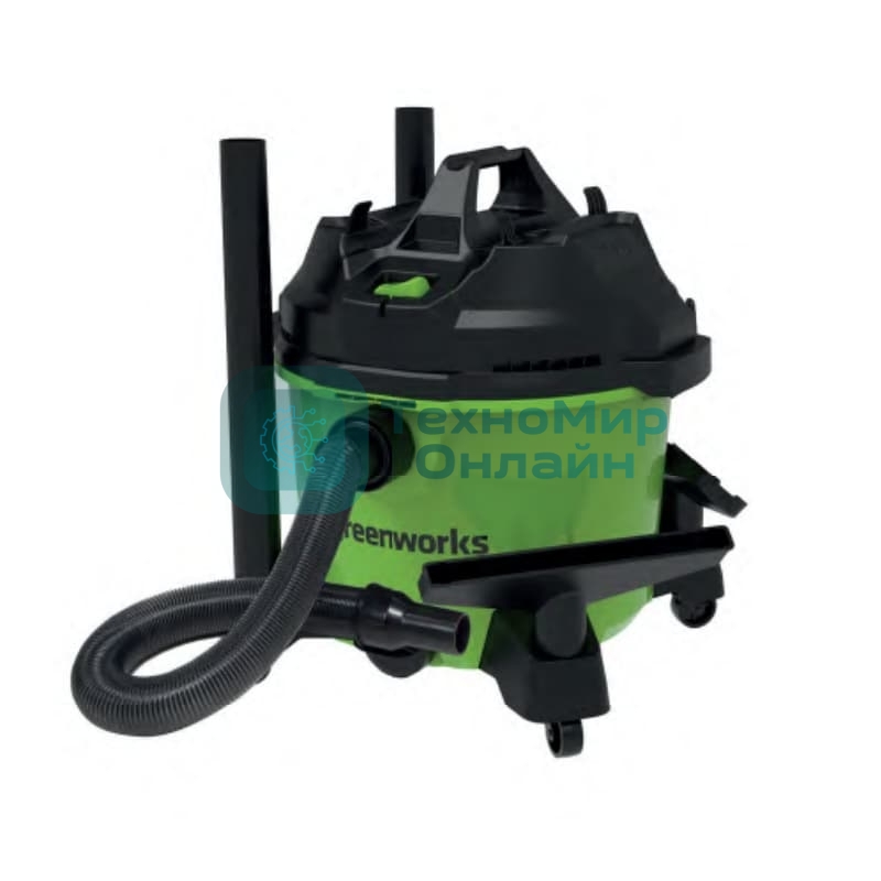 Строительный пылесос GreenWorks G120WDV (4701207) зеленый, 1300 Вт, уборка сухая/влажная, пылесборник контейнер, 34 л