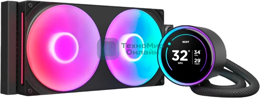 Система жидкостного охлаждения для ПК/Water Cooling System NZXT Kraken Elite 280 RGb (250W, 280мм, LED temp., Black/Fans: 2x140мм, 98.61CFM, 34.5dBA, 2000RPM/Pump height 65мм, 2800RPM, Rad thickness 27мм/S: 1851, 1700, 1200, 115X, AM5, AM4)