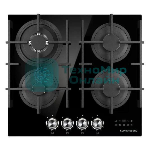 Варочная поверхность Kuppersberg FG 68 B газ, High-Tech, 60 см, автоматический электроподжиг, газ-контроль, форсунки под сжиженый газ, механическое/сенсорное управление, таймер, блокировка панели управления, подсветка панели управления, SABAF конфорки, чугунные решетки, цвет черный, цвет фурнитуры черно-серебристый