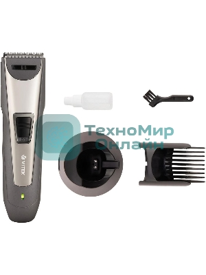 Машинка для стрижки волос Vitek VT-2572 GR Питание сеть/аккумулятор. Время автономной работы 45 мин. Время зарядки 8 ч. Индикация уровня зарядки батареи. Максимальная длина стрижки 30 мм. Материал лезвий высококачественная сталь. Минимальная длина стрижки 1 мм. Способ регулировки длины регулятором и сменой насадок. Функция филировки. 2 насадки. Число установок длины 11. Подставка для зарядки. Низкий уровень вибрации и шума.