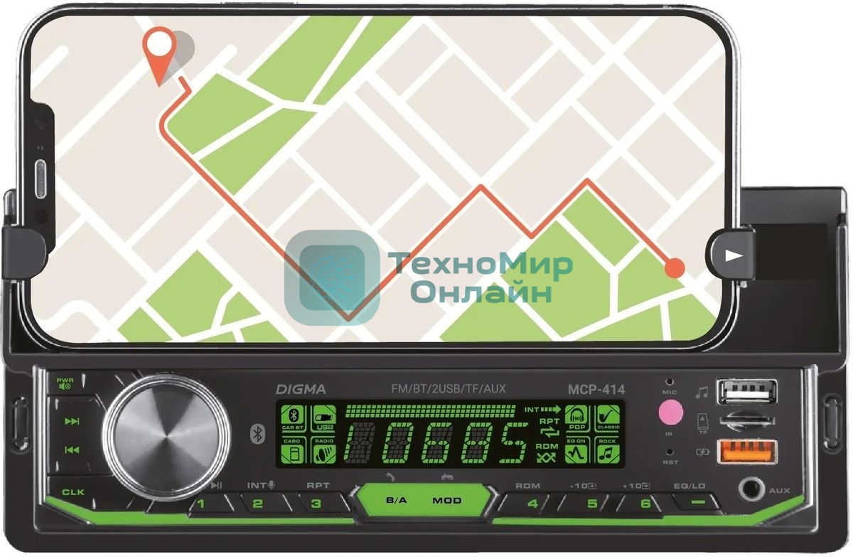 Автомагнитола Digma MCP-414, 1 DIN, Bluetooth, USB Type-A, AUX, пульт ДУ