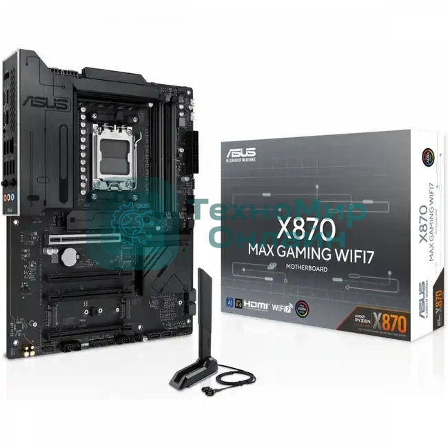 Материнская плата ASUS X870 MAX GAMING WIFI7, AM5, AMD X870, 4xDDR5, 4xSATA, 3xM.2, 1xPCIe 5.0 x16, 2xPCIe 4.0 x16, 1xPCIe x1, 1xHDMI, 2xUSB-C 40Gbps (USB4), 1xUSB-A 10Gbps, 3xUSB-A 5Gbps, 4xUSB-A 2.0, 1x2.5Gb LAN, Wi-Fi 7, Bluetooth 5.4, 3x3.5 мм, 7.1, ATX