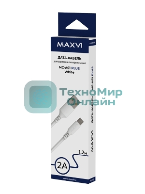 Кабель Maxvi MC-A01 plus white USB-A - microUSB, 2A ток макс. нагрузки 2А, макс. напряжение 5V; стандарт USB 2.0; длина 1.2м, материал PVC, белый