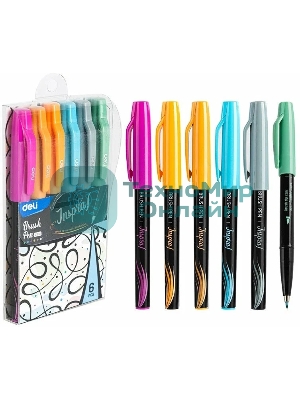 Набор ручек ручка-кисть Deli Inspira EU304 черн, ассорти чернила, блистер с европодвесом, 6 цветов, на водной основе