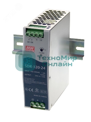 Блок питания AC-DC, 120Вт, вход 88-264V AC, 47-63Гц,124-370В DC, выход 24В,5A (пиковый 7,5А), рег. вых 24-28В, в кожухе на DIN-рейку