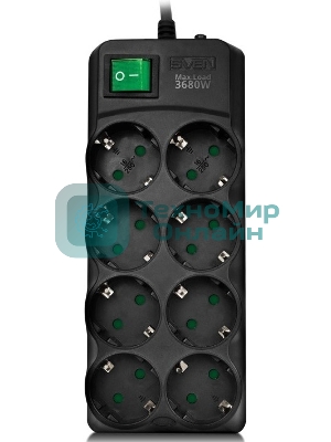 Сетевой фильтр SVEN SF-08E-16 5,0 м (8 розеток с защитными шторками,16А) черный, цветная коробка SV-021726