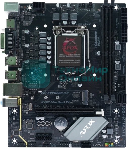 Материнская плата AFOX IH410D4-MA-V2, LGA 1200, Intel H410, 2xDDR4, 3xSATA, 1xM.2, 1xPCIe 3.0 x16, 1xPCIe 3.0 x1, 1xVGA, 1xDVI, 1xHDMI, 1x1Gb LAN, 2xUSB-A 5Gbps, 4xUSB-A 2.0, 5.1, mATX