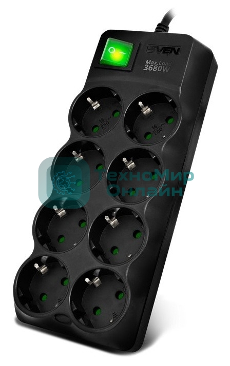 Сетевой фильтр SVEN SF-08E-16 5,0 м (8 розеток с защитными шторками,16А) черный, цветная коробка SV-021726