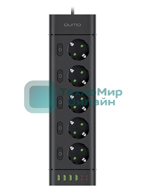 Сетевой фильтр QUMO Power Bar Light SPFSU2 (P-0009), 5 розеток, 2500 Вт, 10A, каб.3м 3*1 мм медь, 4U+2C (2,4A),Bl