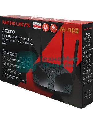 Двухдиапазонный роутер MERCUSYS MR80X AX3000 Wi-Fi 6, до 574 Мбит/с на 2,4 ГГц + до 2402 Мбит/с на 5 ГГц,4 фиксированные внешние антенны, 3 гигабитных порта LAN, 1 гигабитный порт WAN
