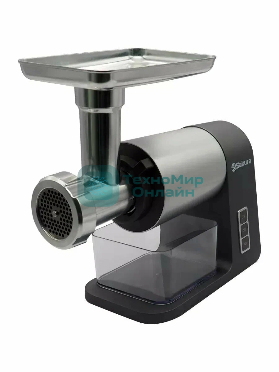 Мясорубка электрическая Sakura SA-6425G Premium серый, 2400 Вт, 2.5 кг/мин, реверс, защита от перегрузки, металлический лоток, насадки - 5