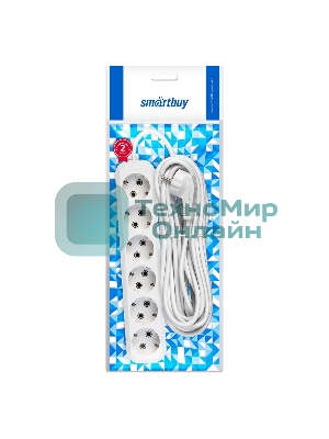 Удлинитель Smartbuy, 6 гнезд 10 метров 16А/3,5 кВт с заземлением ПВС 3х1,0 (SBE-16-6-10-Z)