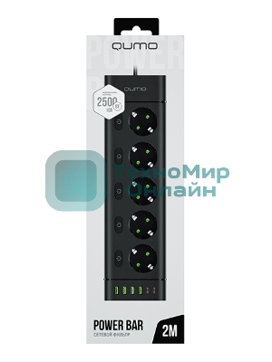 Сетевой фильтр QUMO Power Bar Light SPFSU2 (P-0009), 5 розеток, 2500 Вт, 10A, каб.3м 3*1 мм медь, 4U+2C (2,4A),Bl