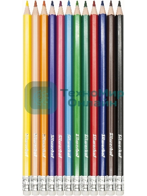 Карандаши цветные Silwerhof Create 3мм, шестигранный профиль, пластик, ассорти, 12 цветов, коробка с европодвесом ластик