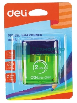 Точилка для карандашей ручная Deli E0526, 2 отверстия, пластик, ассорти блистер