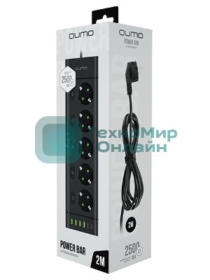 Сетевой фильтр QUMO Power Bar Light SPFSU2 (P-0009), 5 розеток, 2500 Вт, 10A, каб.3м 3*1 мм медь, 4U+2C (2,4A),Bl