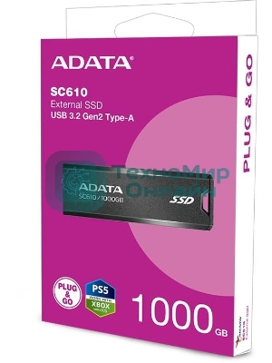 Внешний SSD ADATA SC610, 1TB, USB 3.2 Gen 2 Type-A, R/W 550/500, черный