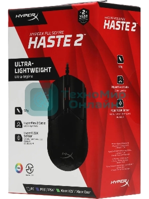 Мышь беспроводная HyperX Haste 2 черный, 26000 dpi, радиоканал, Bluetooth, USB, кнопки - 5