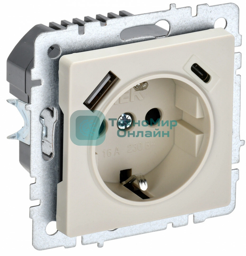 Розетка 1-местная IEK BRITE РЮш11-1-БрКр (BR-R14-16-U22-018-K10) с заземлением, с защитными шторками, 16А, с USB A+C 18 Вт, бежевый