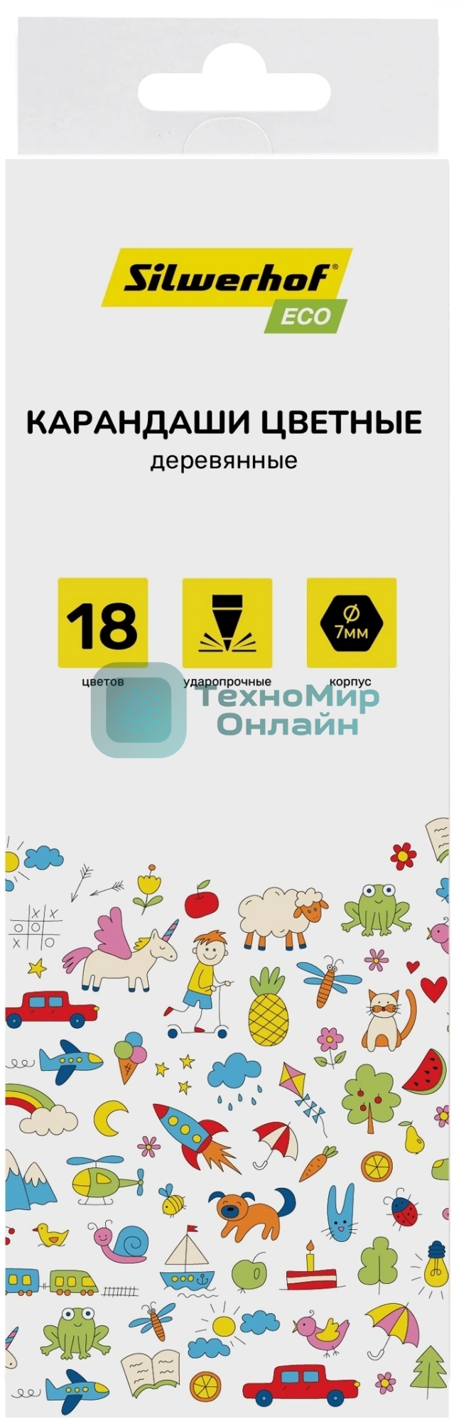 Карандаши цветные Silwerhof Eco 2.65 мм, шестигранный профиль, дерево, ассорти, 18 цветов, коробка с европодвесом